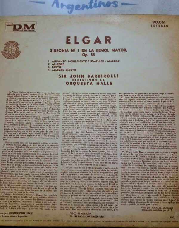 SIR EDGAR ELGAR, SIR JOHN BARBIROLLI, THE HALLÉ ORCHESTRA - Symphony N1 In A Flat Major, Op 55 - Image 2